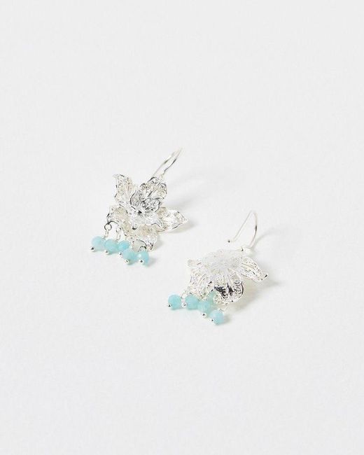 Oliver Bonas White Sarah Filigree Flower & Amazonite Silver Plated Drop Earrings