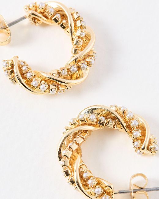 Oliver Bonas Metallic Azure Faux Pearl Metal Twist Gold Hoop Earrings