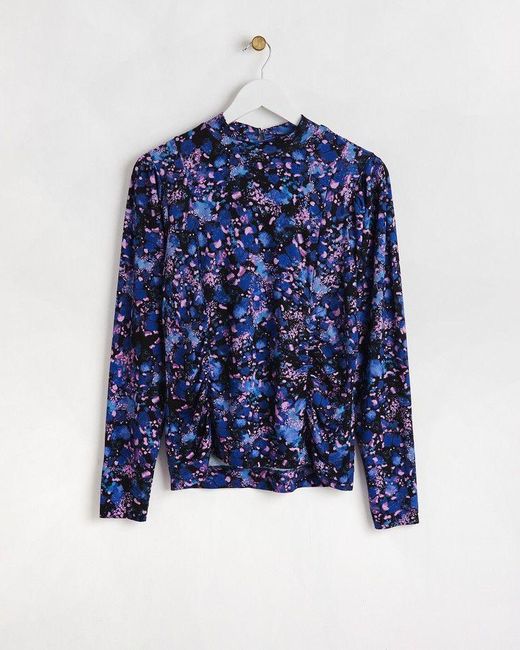 Oliver Bonas Blue Printed Ruched Long Sleeve Top