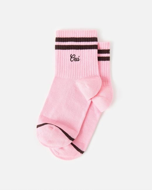 Oliver Bonas Pink & Brown Striped Oui Non Sporty Ankle Socks