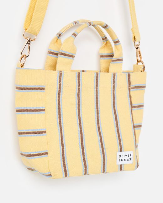 Oliver Bonas Metallic & Blue Striped Logo Fabric Mini Tote Crossbody Bag