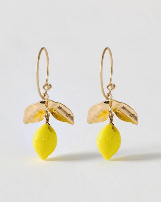 Oliver Bonas Metallic Lumi Lemon Charm Drop Wire Hoop Earrings