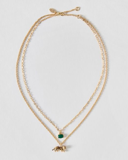 Oliver Bonas Metallic Leesa Leopard Charm & Green Stud Double Row Necklace