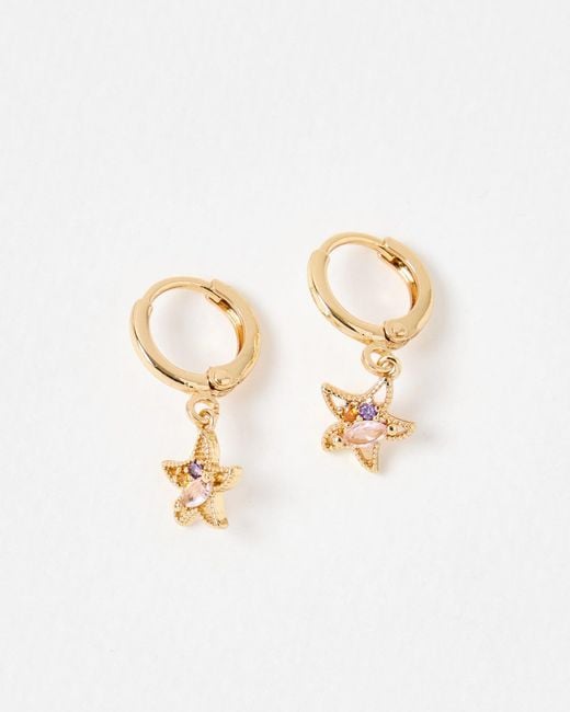 Oliver Bonas White Mira Starfish & Stone Huggie Hoop Earrings
