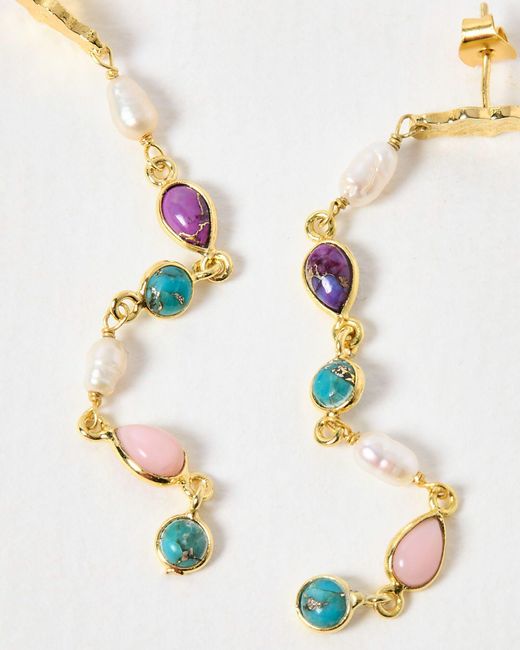 Oliver Bonas White Tricia Gemstone & Freshwater Pearl Beaded Drop Earrings