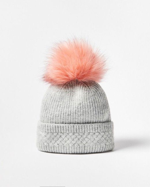 Oliver Bonas White Marl Stitch Pom Knitted Beanie Hat