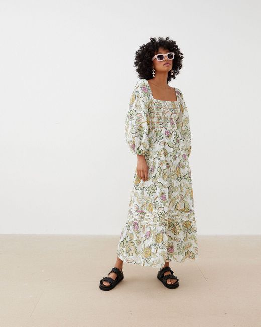 Oliver Bonas Natural Tropical Paisley Shirred Midi Dress, Size 6