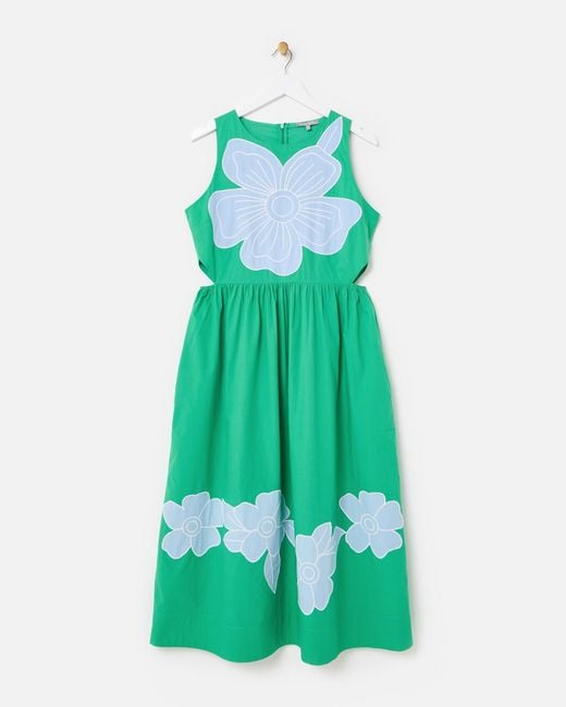 Oliver Bonas Green & Blue Floral Cut-out Sleeveless Midi Dress, Size 8