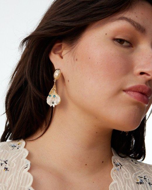 Oliver Bonas White Lily Shell & Flower Statement Drop Earrings