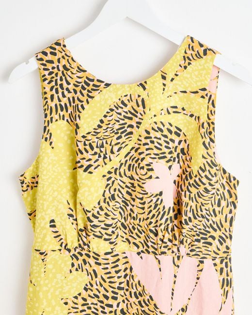 Oliver Bonas Metallic Yellow Palm Print Midi Dress, Size 18