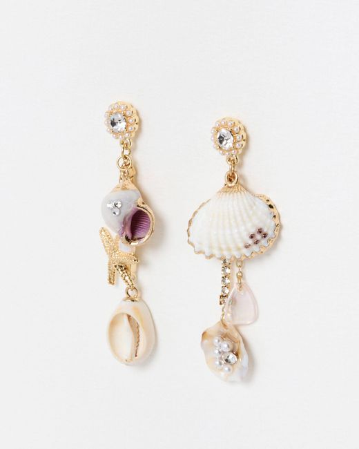 Oliver Bonas White Athena Shell & Starfish Mismatch Drop Earrings