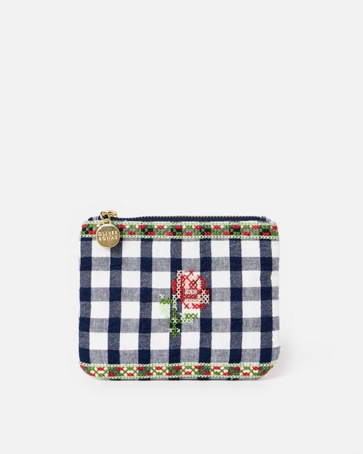Oliver Bonas Blue Gingham Rose Embroidered Zipped Pouch