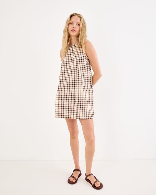 Oliver Bonas Natural Chocolate & Ecru Gingham Cotton Mini Shift Dress, Size 10