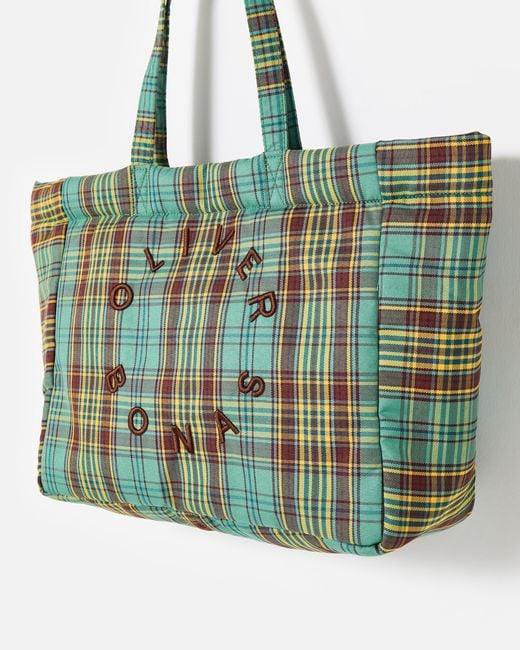 Oliver Bonas Mena Green & Brown Checked Logo Tote Shopper Bag