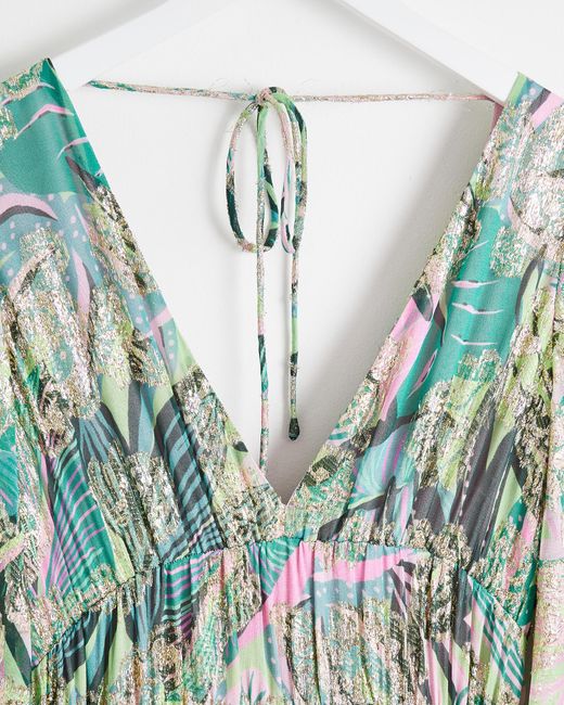 Oliver Bonas Tropical Floral Green Metallic Midi Dress, Size 8
