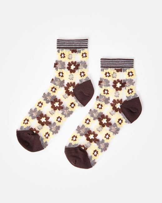 Oliver Bonas White Brown & Yellow Floral Sheer Ankle Socks