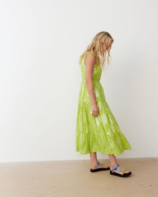 Oliver Bonas Green Metallic Floral Midi Dress