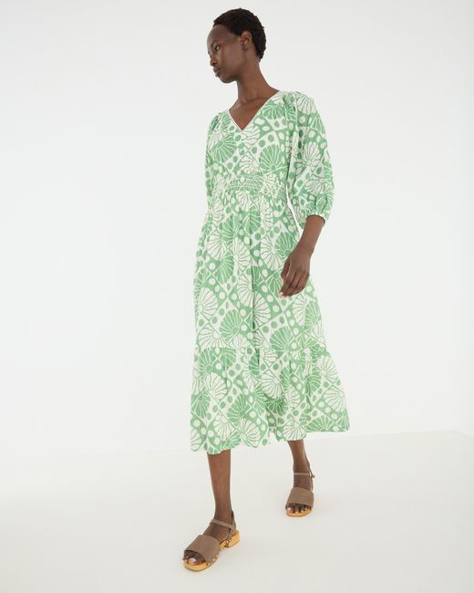 Oliver Bonas Green & Cream Sun Print V-neck Tiered Midi Dress, Size 10