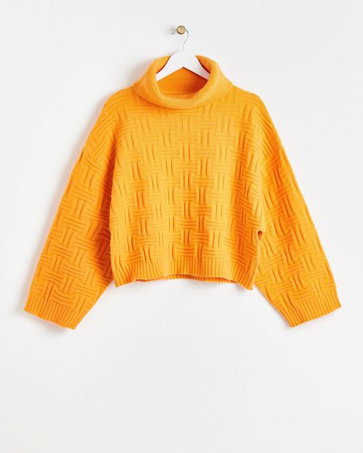 Oliver Bonas Yellow Stitch Roll Neck Knitted Jumper, Size 14