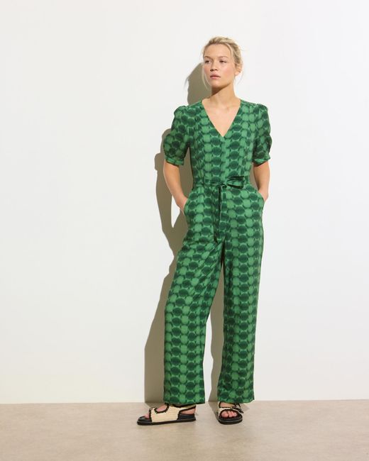 Oliver Bonas Green Geometric Circle V-neck Tie Waist Jumpsuit, Size 6