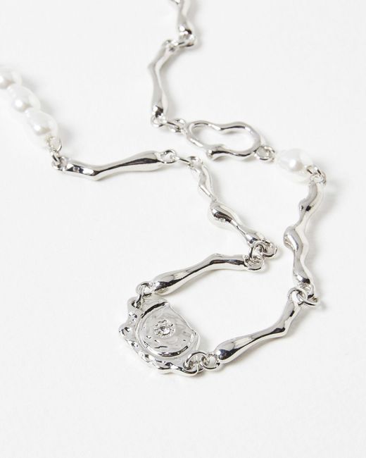 Oliver Bonas White Pavati Molten Metal & Faux Pearl Silver Short Necklace