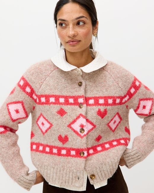Oliver Bonas Pink Light Brown & Red Geometric Knitted Cardigan, Size 6
