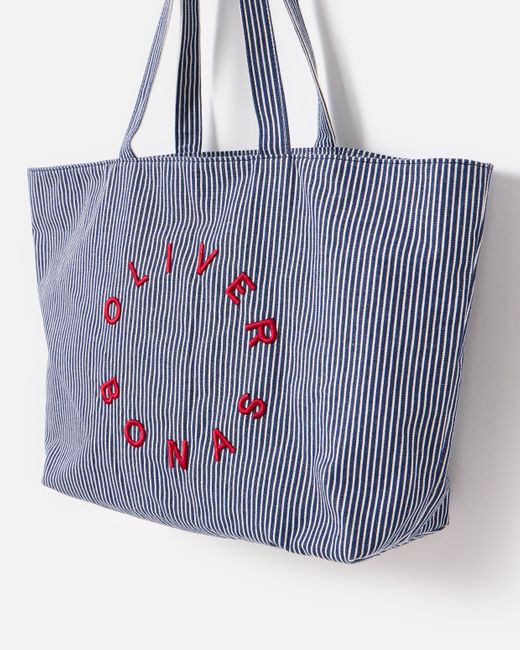 Oliver Bonas Blue Denim Striped Logo Fabric Tote Shopper Bag
