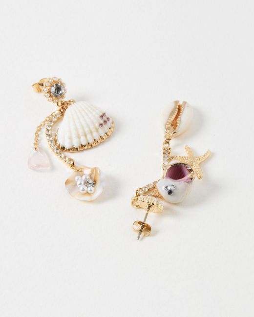 Oliver Bonas White Athena Shell & Starfish Mismatch Drop Earrings
