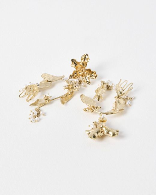 Oliver Bonas Metallic Celeste Flower & Leaf Pearl Cluster Statement Earrings