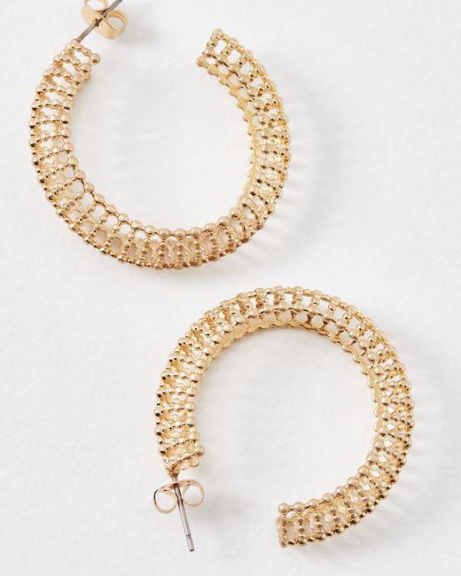 Oliver Bonas White Amaya Textured Beaded Gold Hoop Earrings