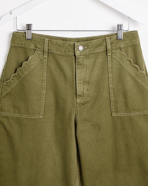 Oliver Bonas Green Khaki Scalloped Pocket Wide Leg Cropped Jeans, Size 16
