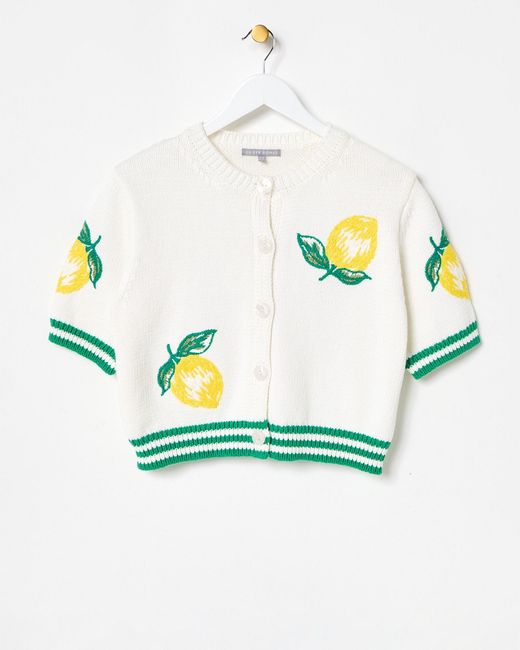 Oliver Bonas Blue Lemon Embroidered Short Sleeve Cardigan, Size 18