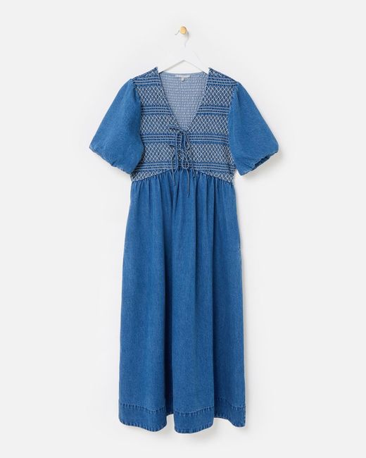 Oliver Bonas Blue Denim Tie Front Puff Sleeve Midi Dress, Size 6
