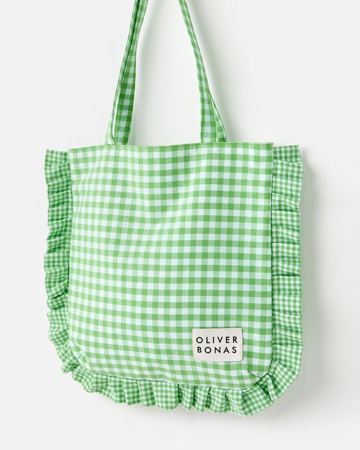 Oliver Bonas Green Gingham Ruffle Tote Bag