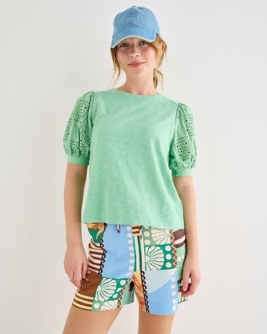 Oliver Bonas Green Embroidered Cotton Puff Sleeve Top, Size 10