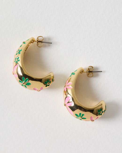 Oliver Bonas Metallic Benita Pink Enamel Inlay Teardrop Stud Earrings