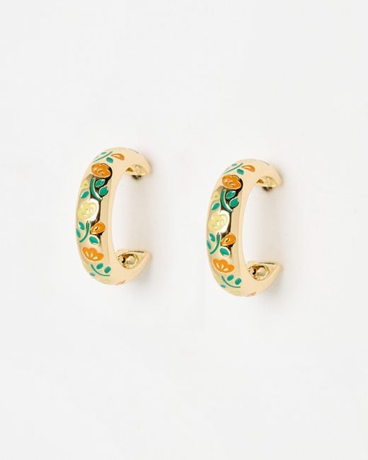 Oliver Bonas Metallic Laci & Orange Floral Enamel Inlay Hoop Earrings