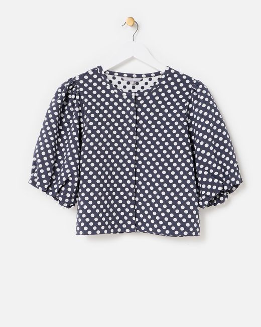 Oliver Bonas Blue Monochrome Polka Dot Jacquard Puff Sleeve Top, Size 12