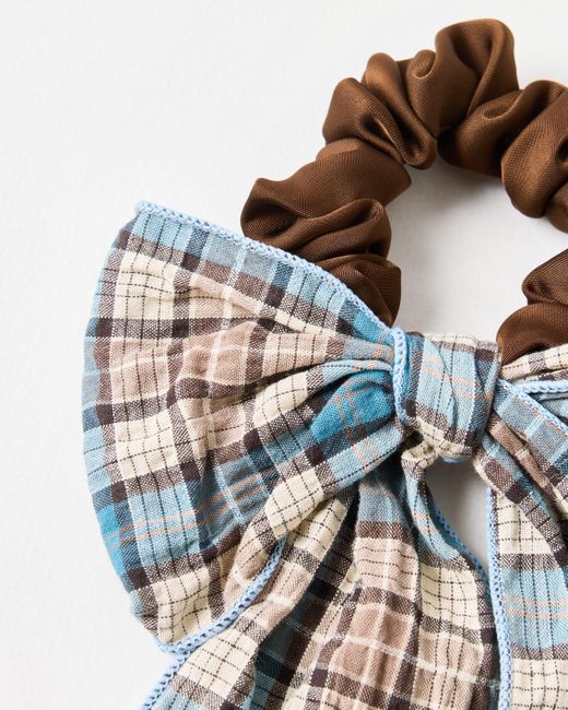Oliver Bonas White Heath & Blue Checked Bow Hair Scrunchie