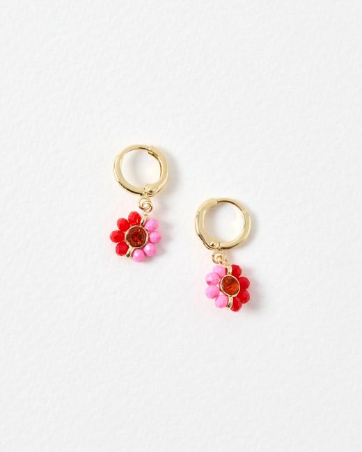 Oliver Bonas White Rosalie Pink Beaded Flower Drop Earrings