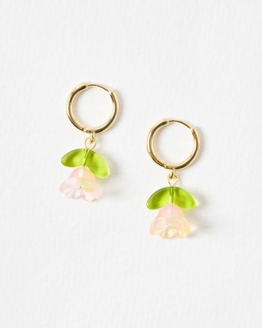 Oliver Bonas Green Rue Pink Tulip Flower Drop Hoop Earrings