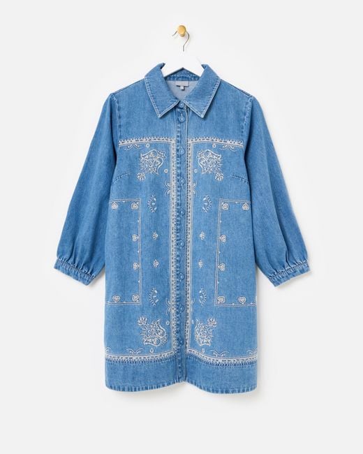 Oliver Bonas Blue Denim Embroidered Mini Shirt Dress, Size 6
