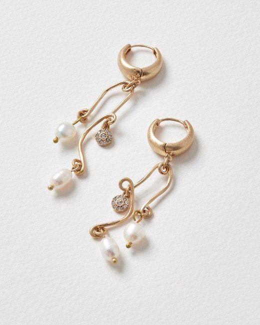 Oliver Bonas Ezili Pearl & Disk Charm Drop Hoop Earrings in Gold