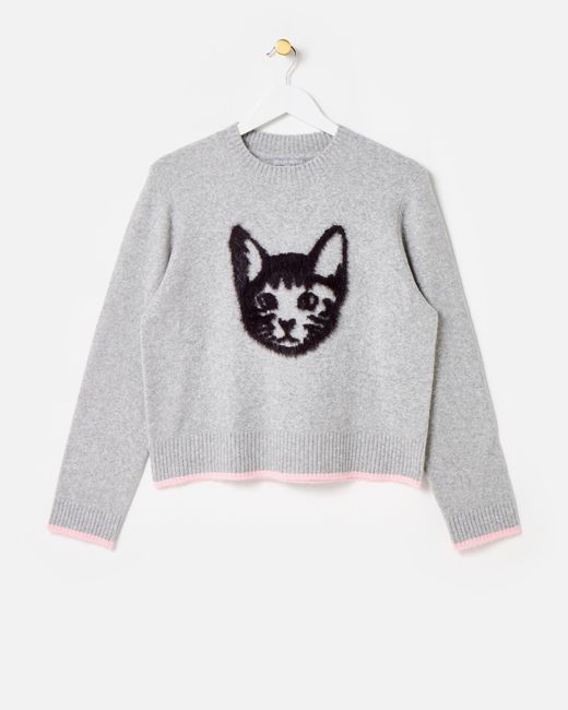 Oliver Bonas Gray & Black Fluffy Cat Knitted Jumper, Size 14