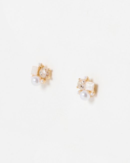 Oliver Bonas White Millie Stone & Faux Pearl Cluster Stud Earrings