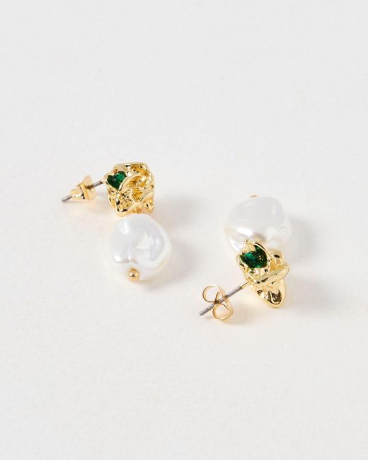 Oliver Bonas White Angie Molten Faux Pearl Gold Tone Drop Earrings