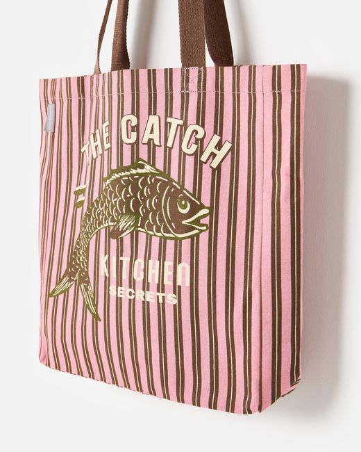 Oliver Bonas Pink & Brown Striped Fish Fabric Tote Shopper Bag