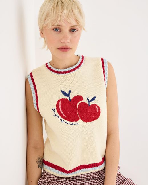 Oliver Bonas Ecru & Red Apple Knitted Tank Top, Size 10