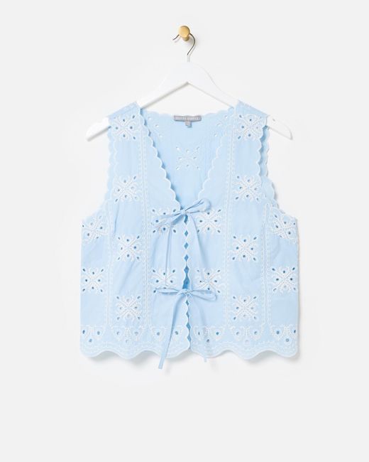 Oliver Bonas Blue Light Broderie Scalloped Cotton Tie Front Waistcoat, Size 16