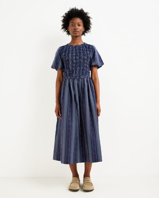 Oliver Bonas Blue Striped Floral Jacquard Shirred Bodice Midi Dress, Size 10